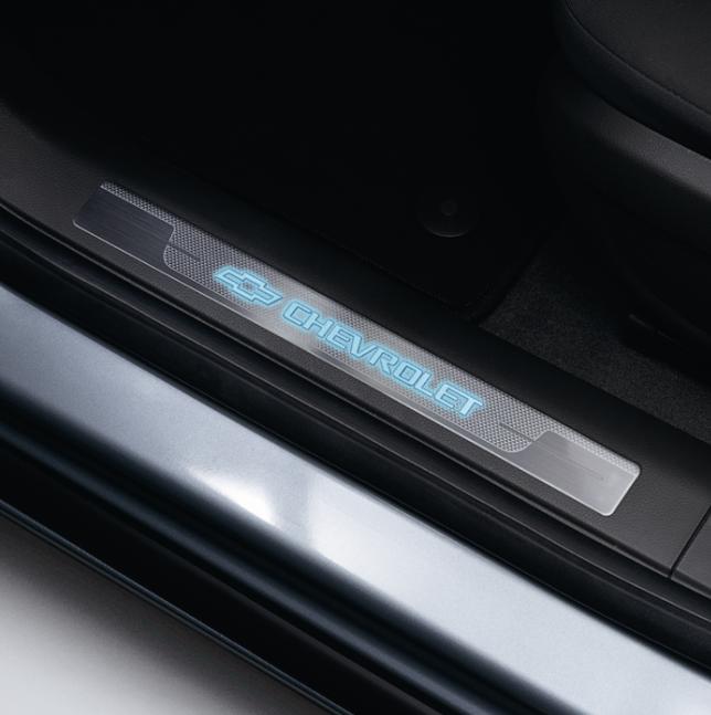 Front and Rear Door Sill Plates with Illuminated Bowtie Logo in Blue