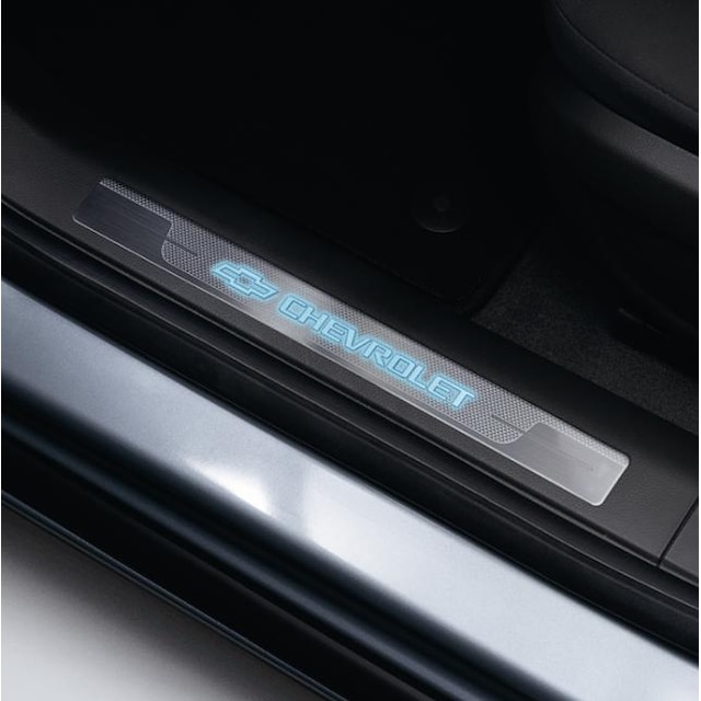 Front and Rear Door Sill Plates with Illuminated Bowtie Logo in Blue