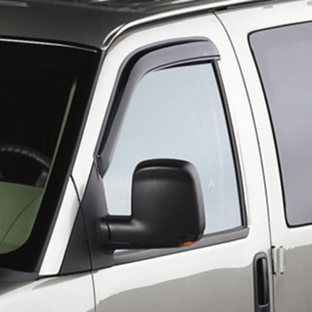Front Tape-On Window Weather Deflectors in Smoke Black with White GM Logo