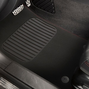 First- and Second-Row Carpeted Floor Mats in Jet Black with Red Stitching