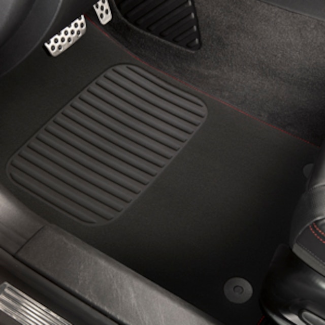 First- and Second-Row Carpeted Floor Mats in Jet Black with Red Stitching