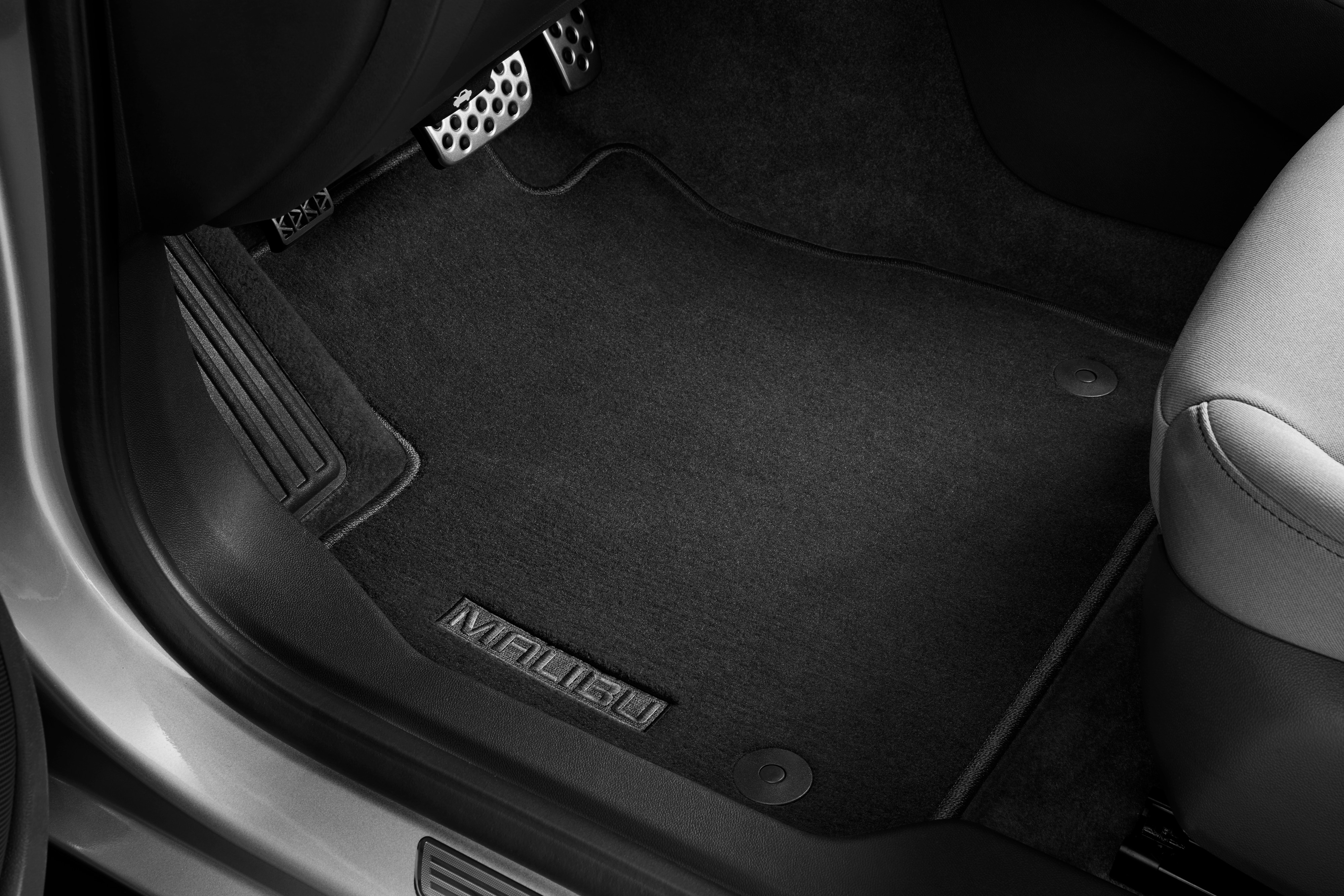First- and Second-Row Premium Carpeted Floor Mats in Jet Black with Malibu Script