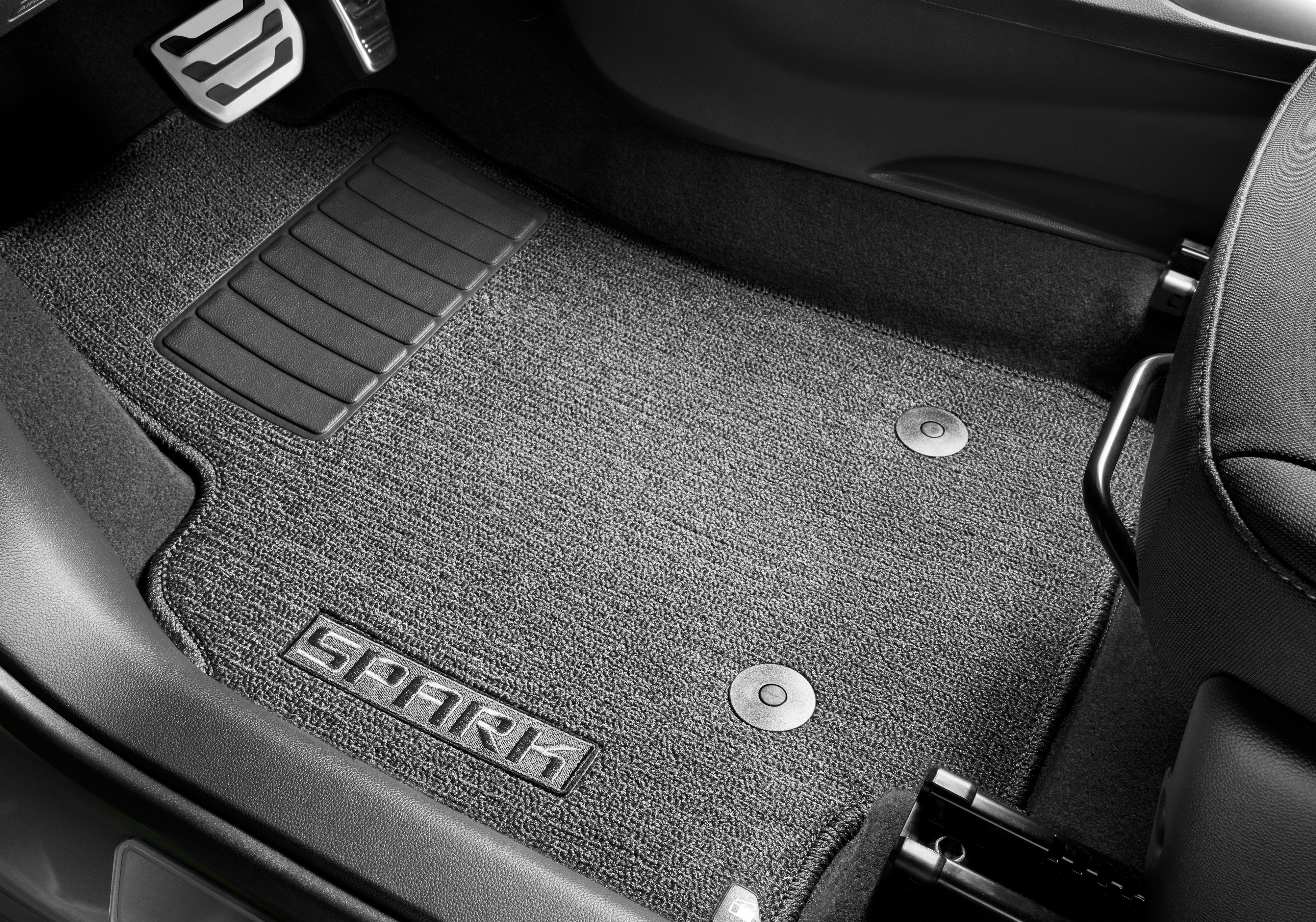 First- and Second-Row Premium Carpeted Floor Mats in Jet Black with Jet Black Stitching and Spark Script