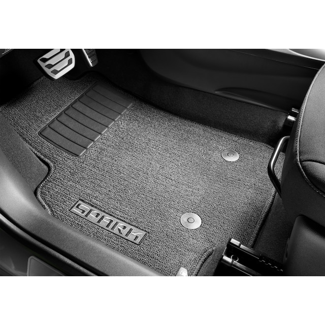 First- and Second-Row Premium Carpeted Floor Mats in Jet Black with Jet Black Stitching and Spark Script