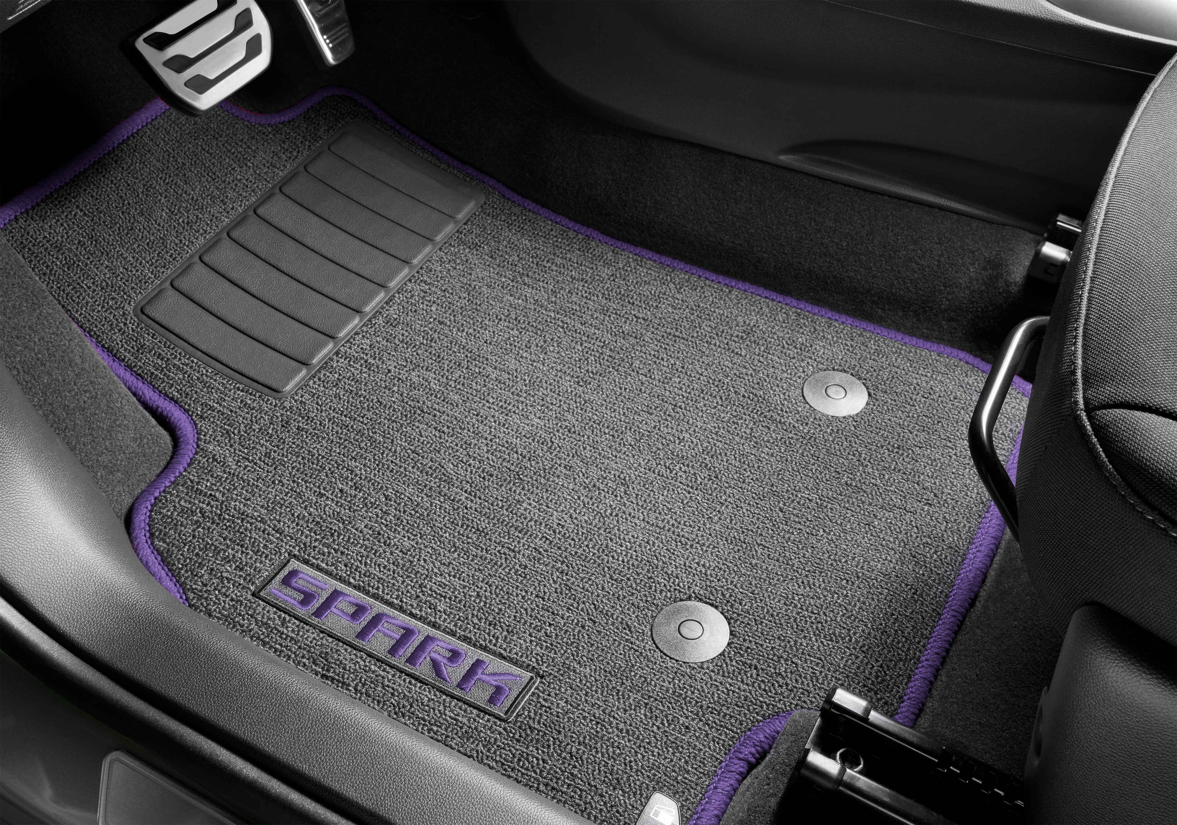 First- and Second-Row Premium Carpeted Floor Mats in Jet Black with Mystic Violet Stitching and Spark Script