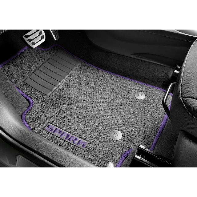 First- and Second-Row Premium Carpeted Floor Mats in Jet Black with Mystic Violet Stitching and Spark Script