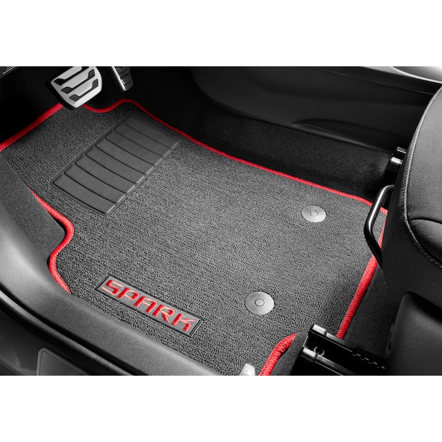 First- and Second-Row Premium Carpeted Floor Mats in Jet Black with Racer Red Stitching and Spark Script