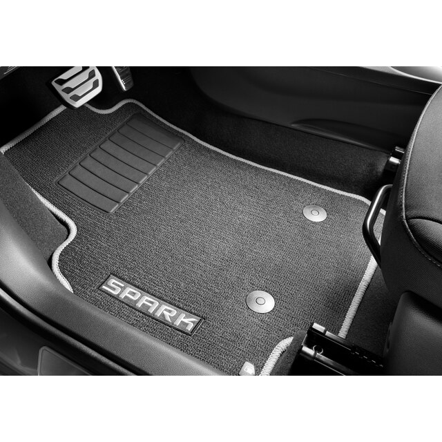 First- and Second-Row Premium Carpeted Floor Mats in Jet Black with Titanium Stitching and Spark Script
