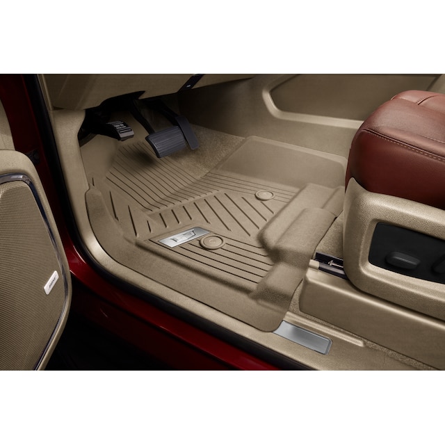 First-Row Premium All-Weather Floor Liners in Dune with Chrome Cadillac Logo