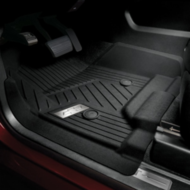 First-Row Premium All-Weather Floor Liners in Jet Black with Chrome Bowtie Logo (for Models with Center Console)