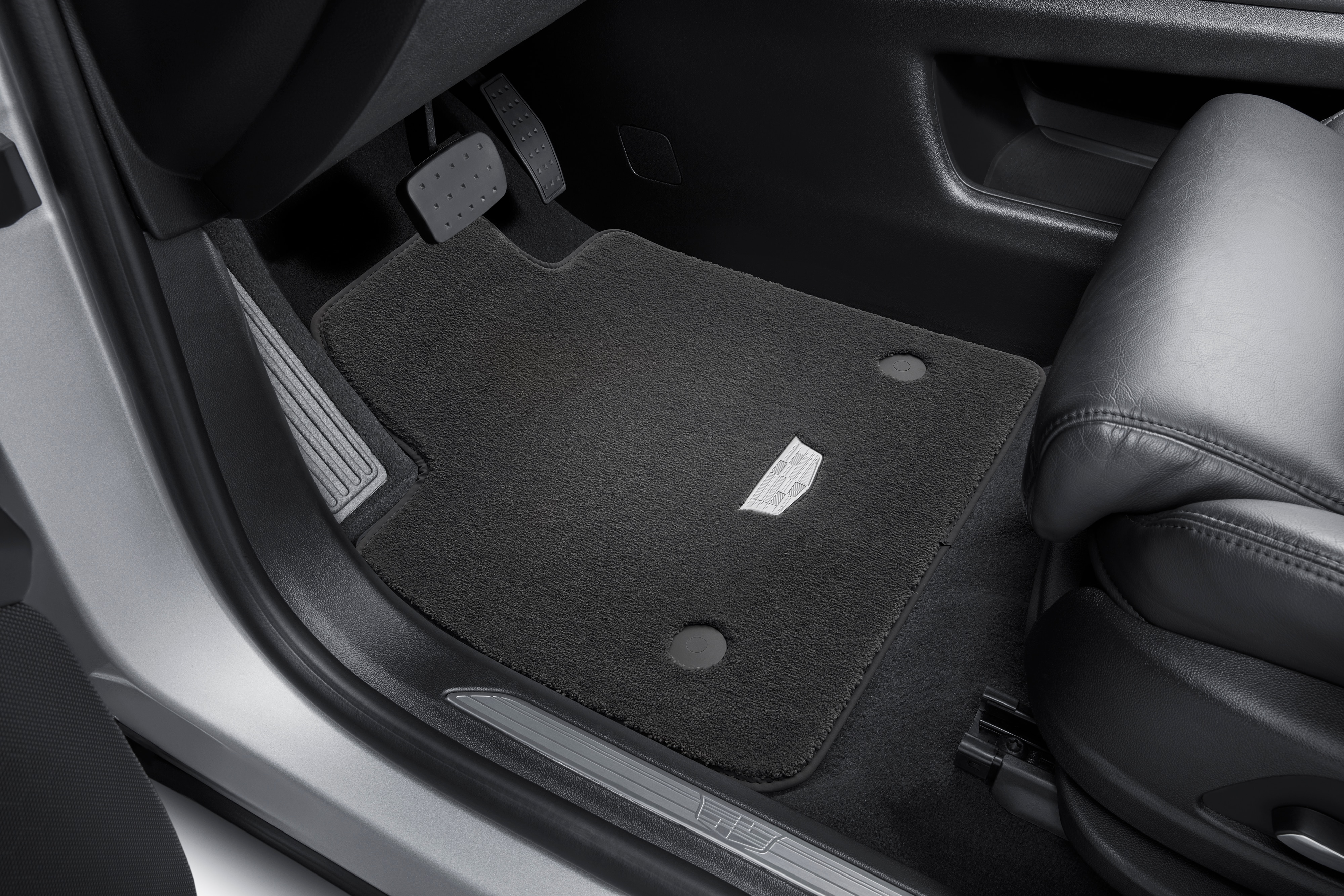 First- and Second-Row Premium Carpeted Floor Mats in Dark Titanium with Cadillac Logo