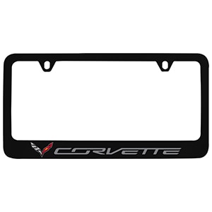 License Plate Frame by Baron & Baron® in Black with Crossed Flags Logo and Corvette Script - Associated Accessories