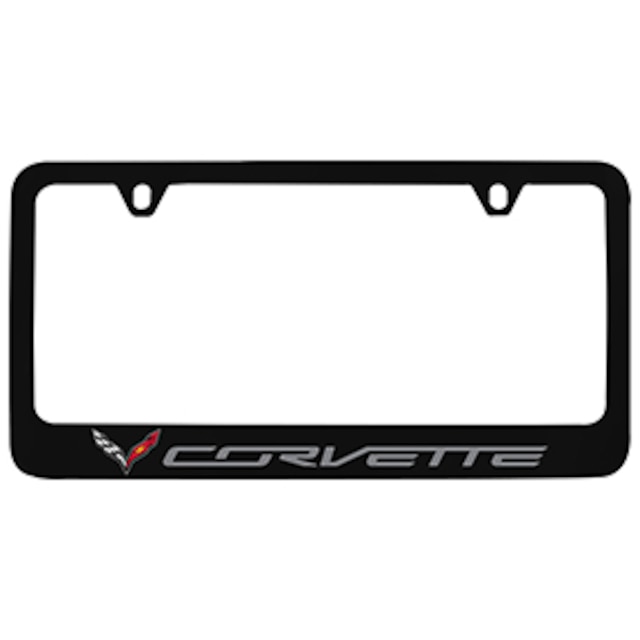 License Plate Frame by Baron & Baron® in Black with Crossed Flags Logo and Corvette Script - Associated Accessories