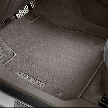 First- and Second-Row Premium Carpeted Floor Mats in Dark Atmosphere with Malibu Script