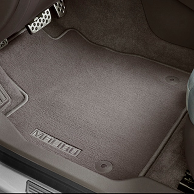 First- and Second-Row Premium Carpeted Floor Mats in Dark Atmosphere with Malibu Script