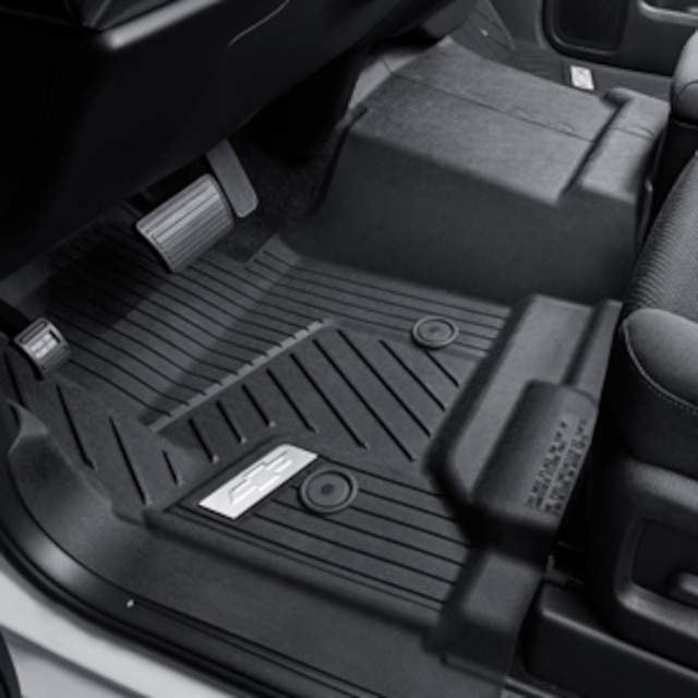 First-Row Interlocking Premium All-Weather Floor Liner in Jet Black with Chrome Bowtie Logo (for Models without Center Console)