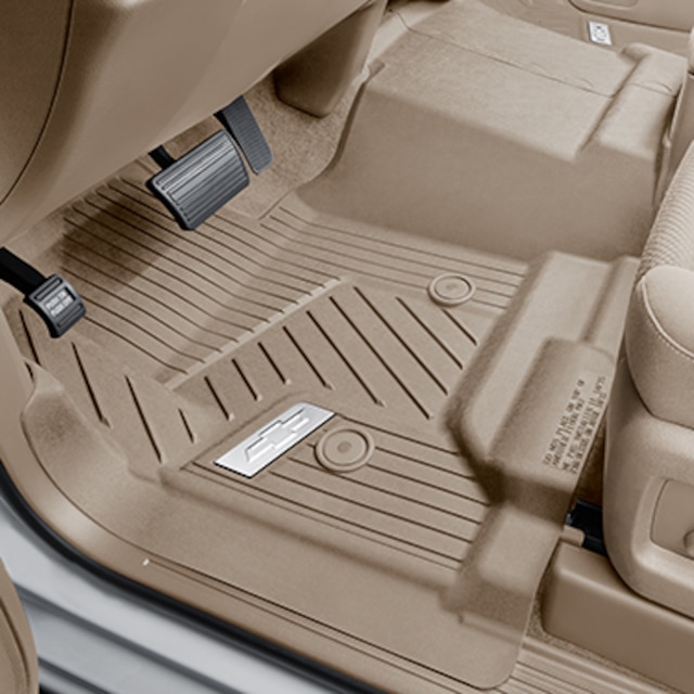 First-Row Interlocking Premium All-Weather Floor Liner in Dune with Chrome Bowtie Logo (for Models without Center Console)