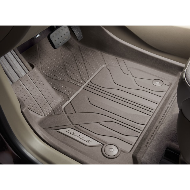 First-Row Premium All-Weather Floor Liners in Dark Atmosphere with Chevrolet Script