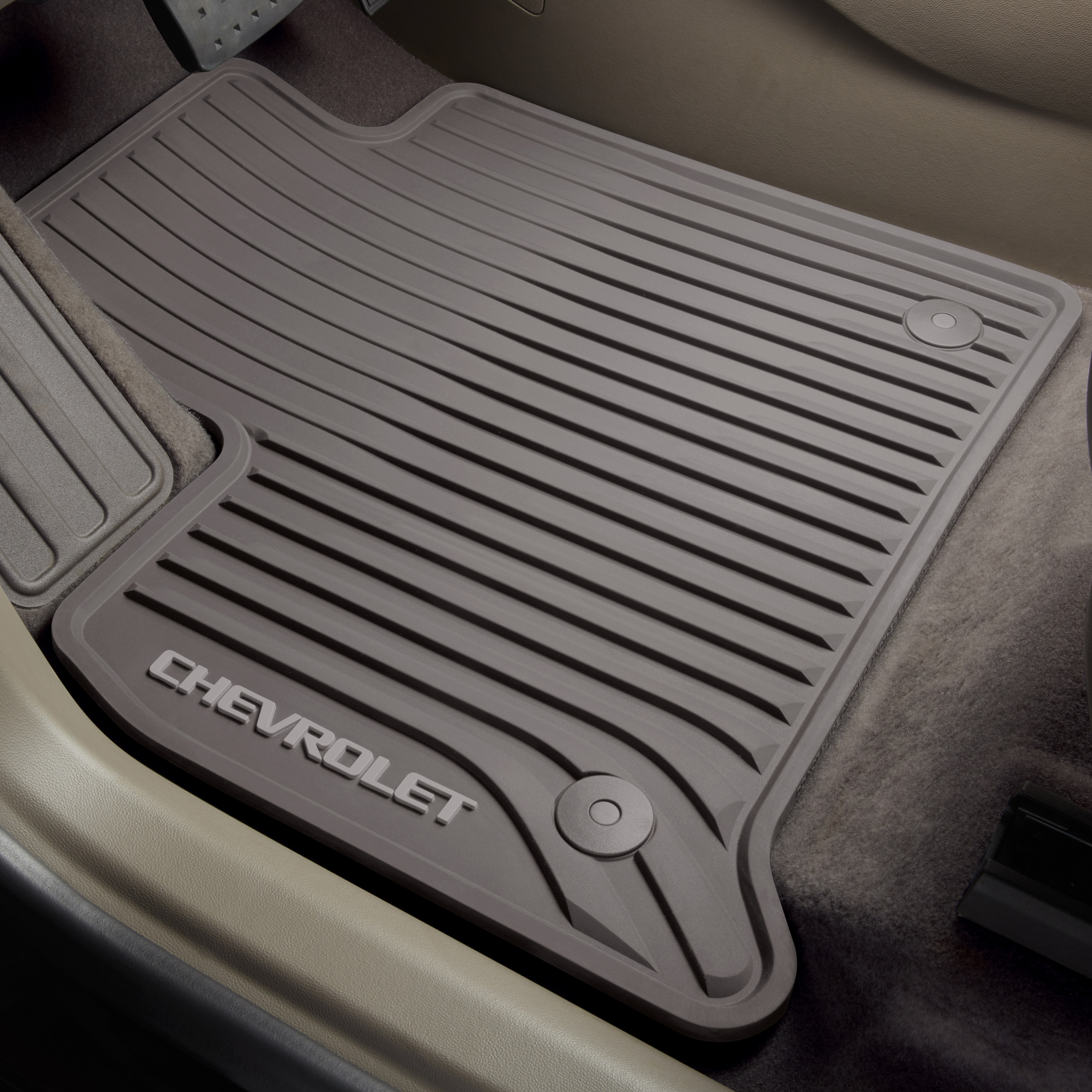 First-Row Premium All-Weather Floor Mats in Dark Atmosphere with Chevrolet Script