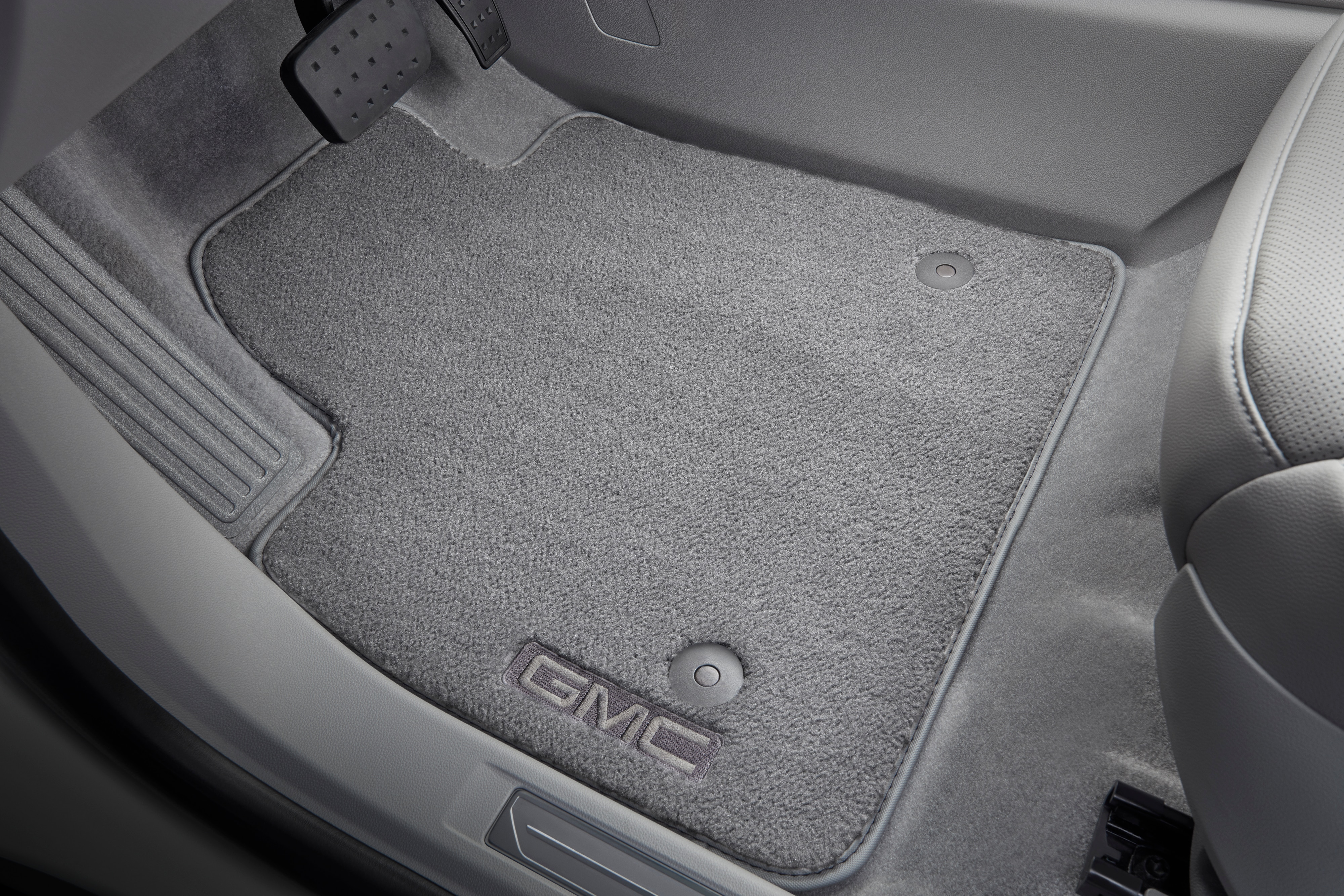 First-Row Premium Carpeted Floor Mats in Dark Ash Gray with GMC Logo