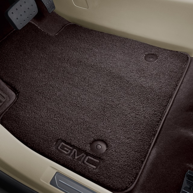 First-Row Premium Carpeted Floor Mats in Cocoa with GMC Logo