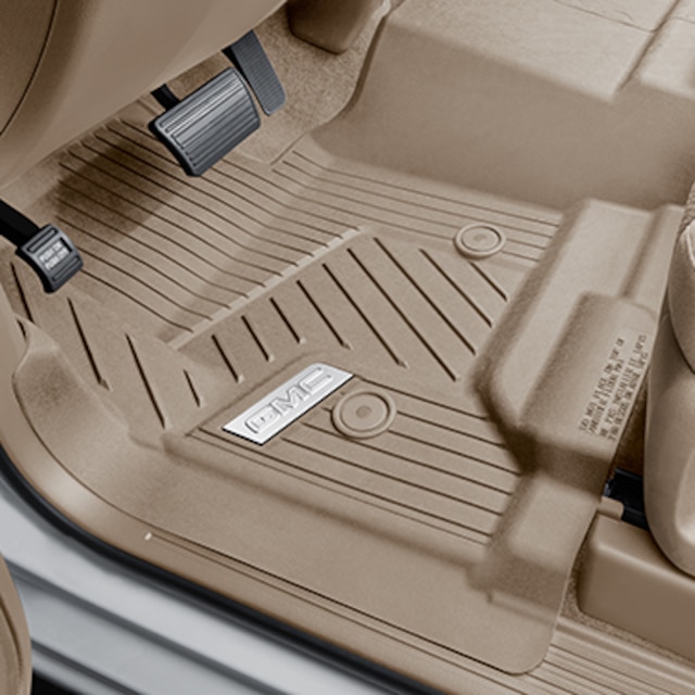First-Row Interlocking Premium All-Weather Floor Liner in Dune with Chrome GMC Logo (for Models without Center Console)