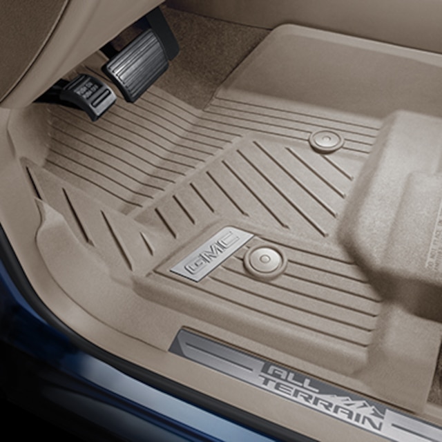 First-Row Premium All-Weather Floor Liners in Dune with GMC Logo (for Models with Center Console)