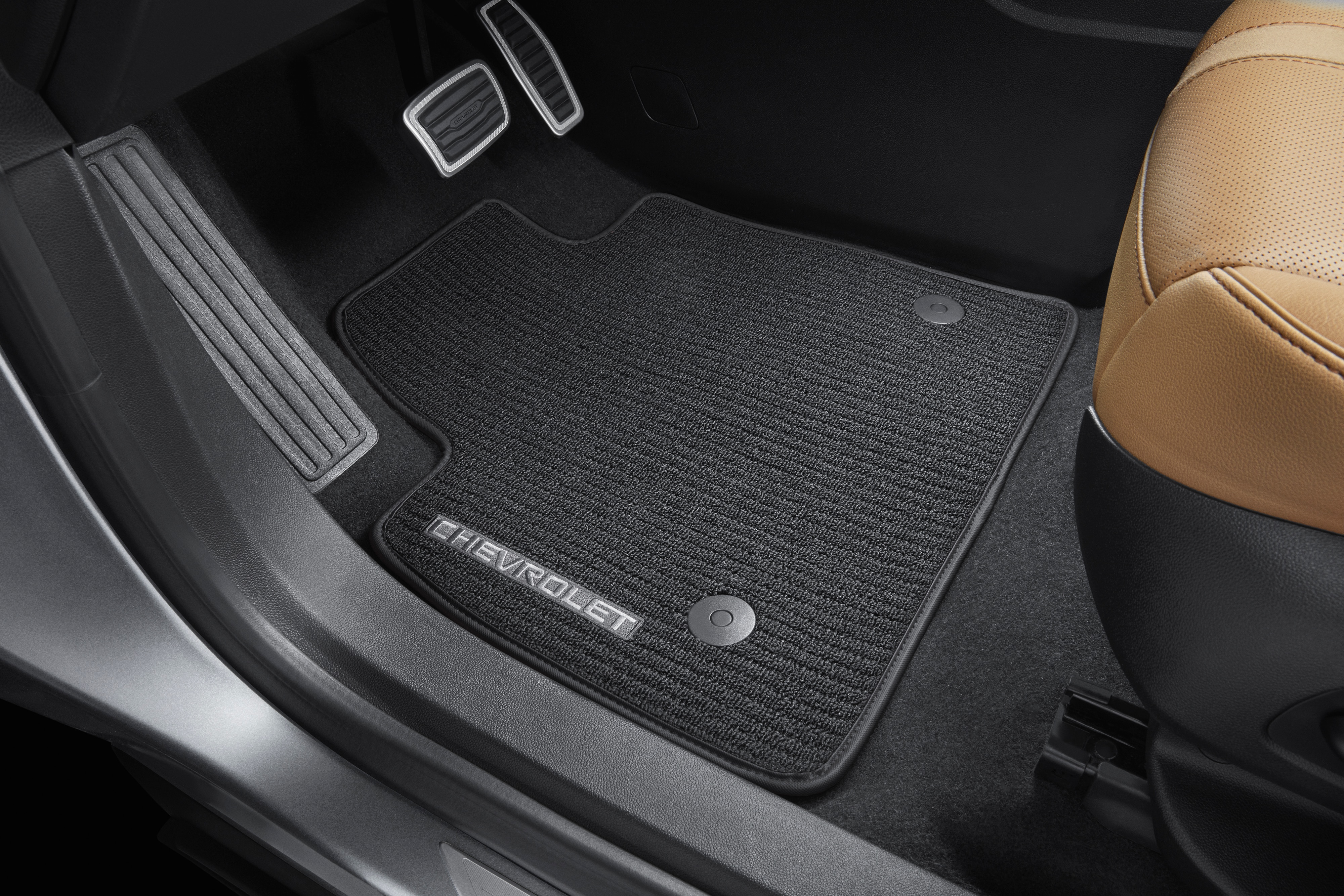First-Row Premium Carpeted Floor Mats in Jet Black with Black Binding and Chevrolet Script