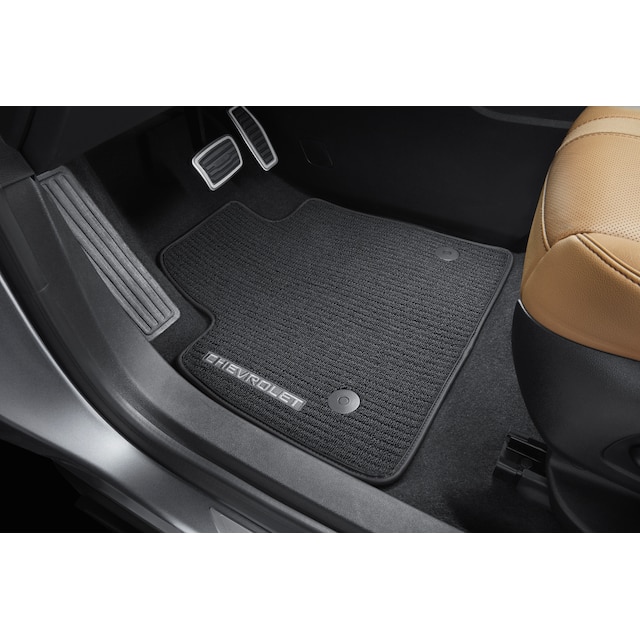 First-Row Premium Carpeted Floor Mats in Jet Black with Black Binding and Chevrolet Script