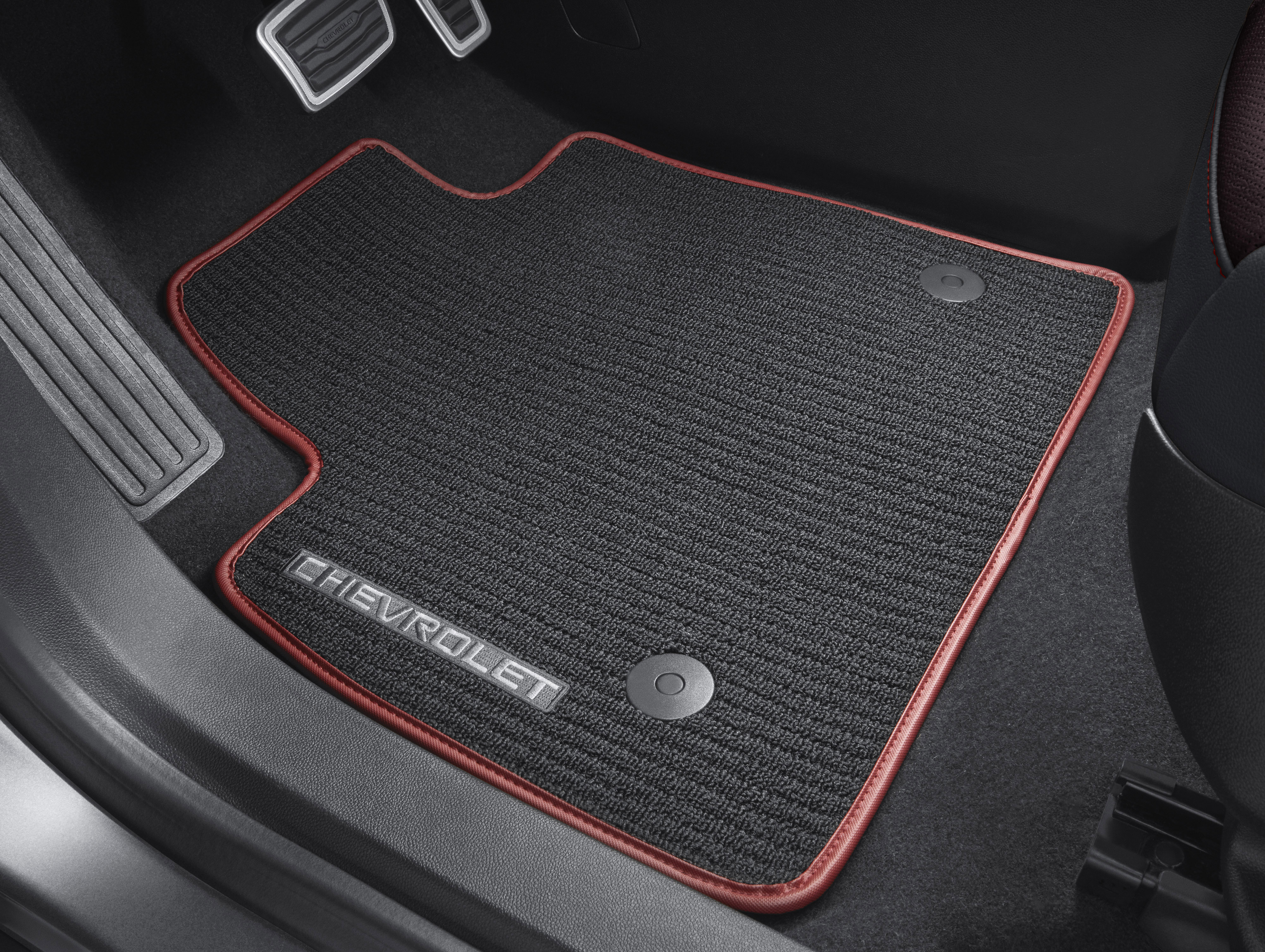 First-Row Premium Carpeted Floor Mats in Jet Black with Chevrolet Script and Red Binding