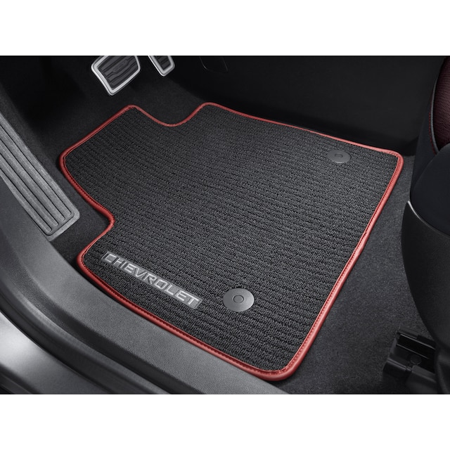 First-Row Premium Carpeted Floor Mats in Jet Black with Chevrolet Script and Red Binding