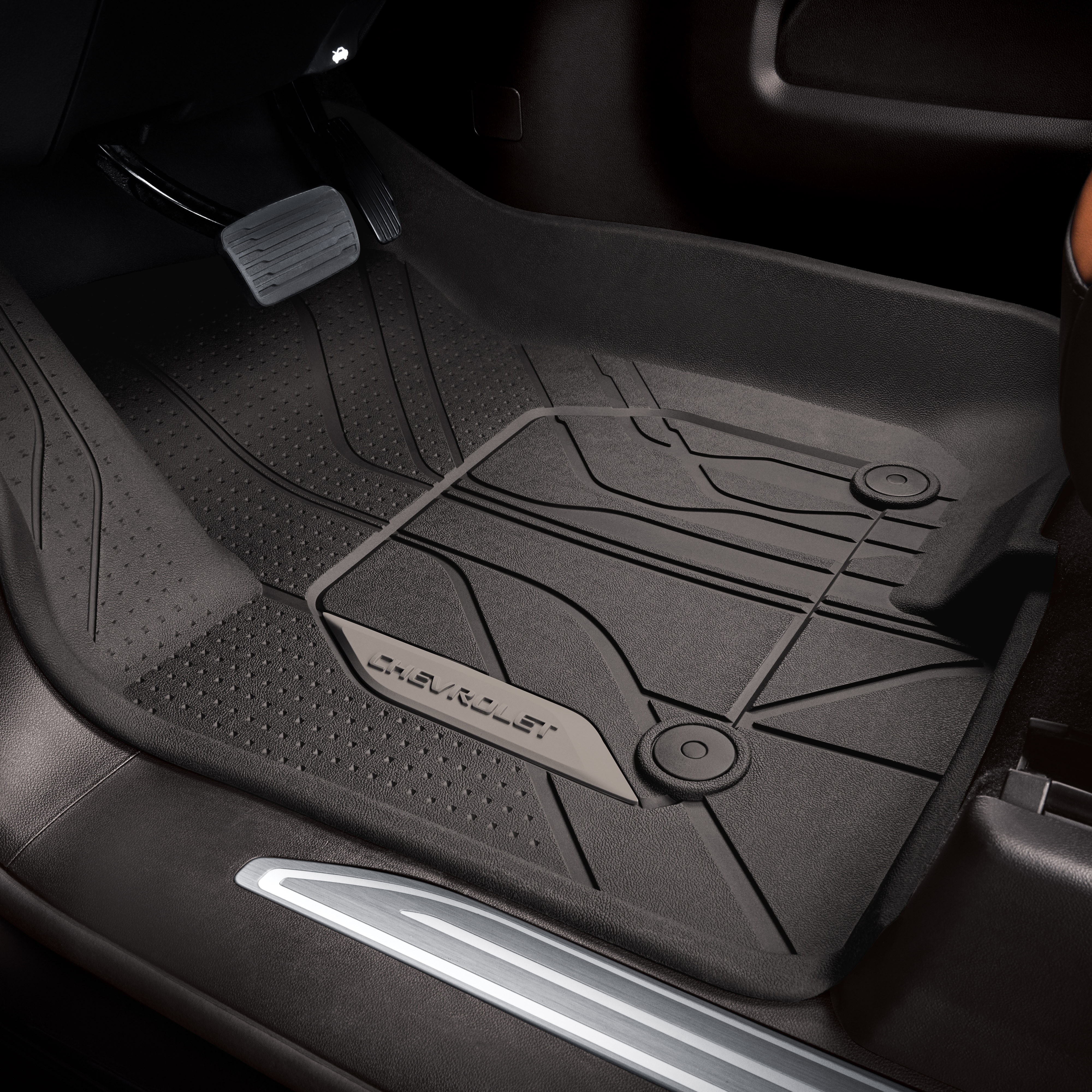First-Row Premium All-Weather Floor Liners in Very Dark Atmosphere with Chevrolet Script (for Models with Center Console)