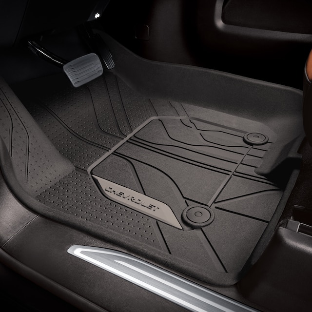 First-Row Premium All-Weather Floor Liners in Very Dark Atmosphere with Chevrolet Script (for Models with Center Console)