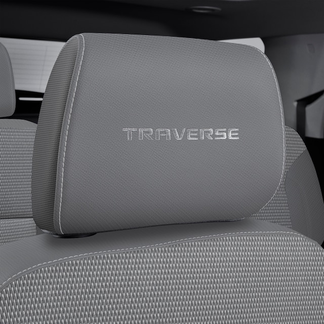Cloth Headrest in Medium Ash Gray with Embroidered Traverse Script and Light Ash Gray Stitching