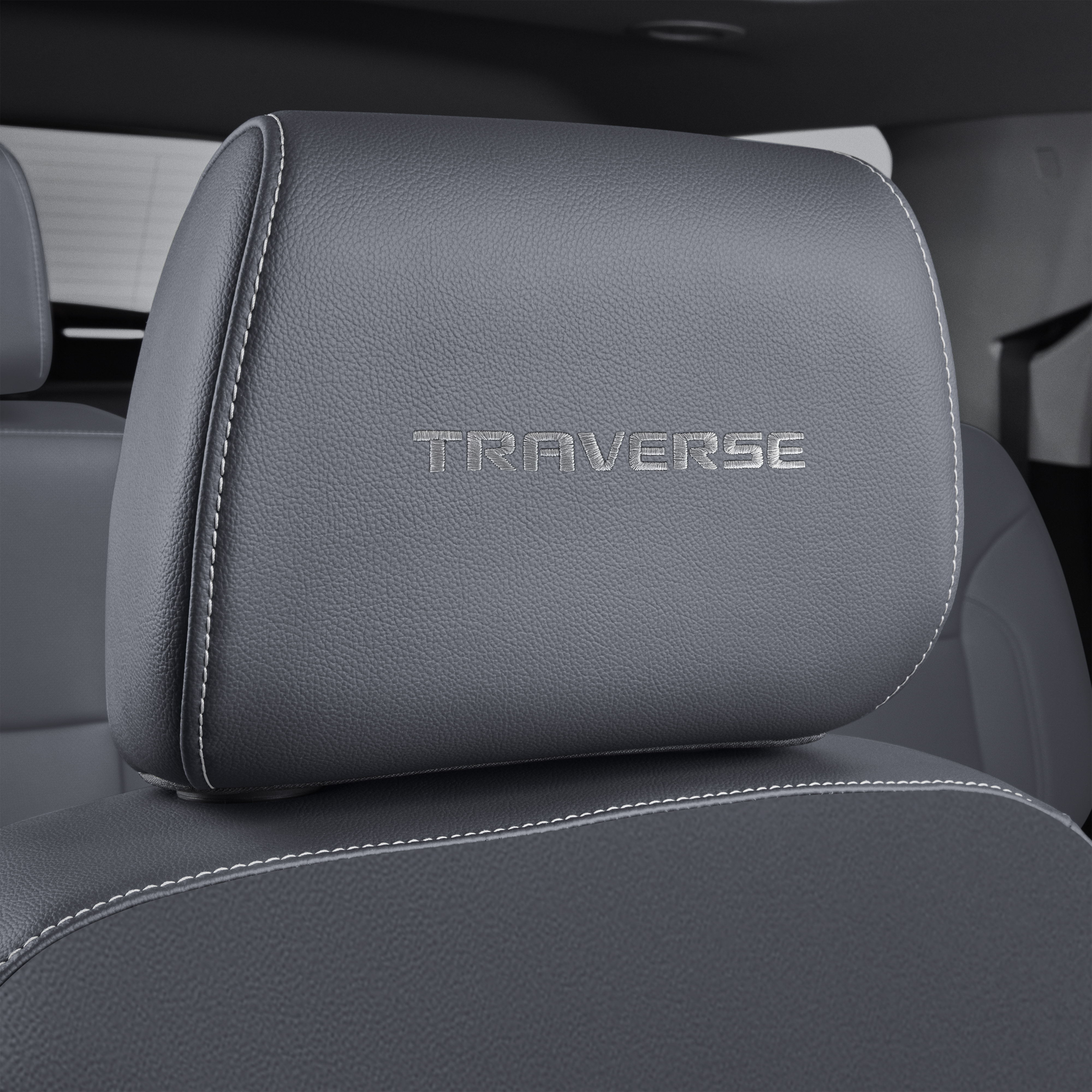 Vinyl Headrest in Dark Galvanized with Embroidered Traverse Script and Medium Titanium Stitching