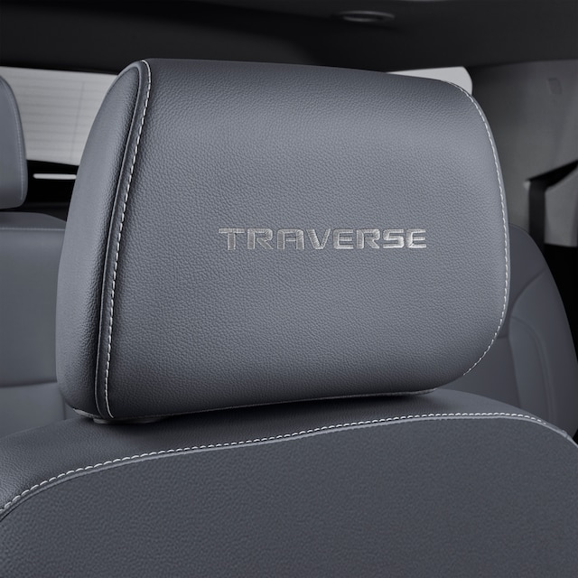 Vinyl Headrest in Dark Galvanized with Embroidered Traverse Script and Medium Titanium Stitching