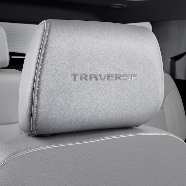 Vinyl Headrest in Medium Ash Gray with Embroidered Traverse Script and Light Ash Gray Stitching