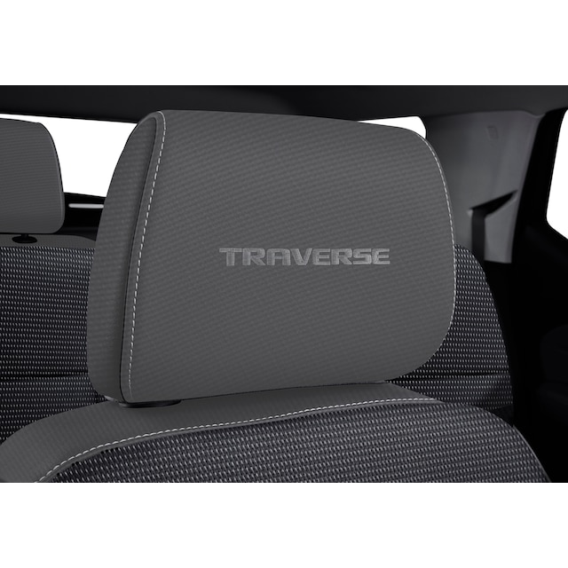 Headrest in Dark Galvanized Cloth with Embroidered Traverse Script in Medium Titanium Stitching