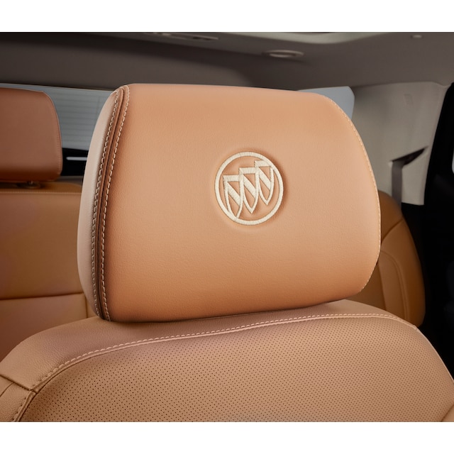 Vinyl Headrest in Brandy Leather with Vanilla Stitch and Embroidered Buick Logo