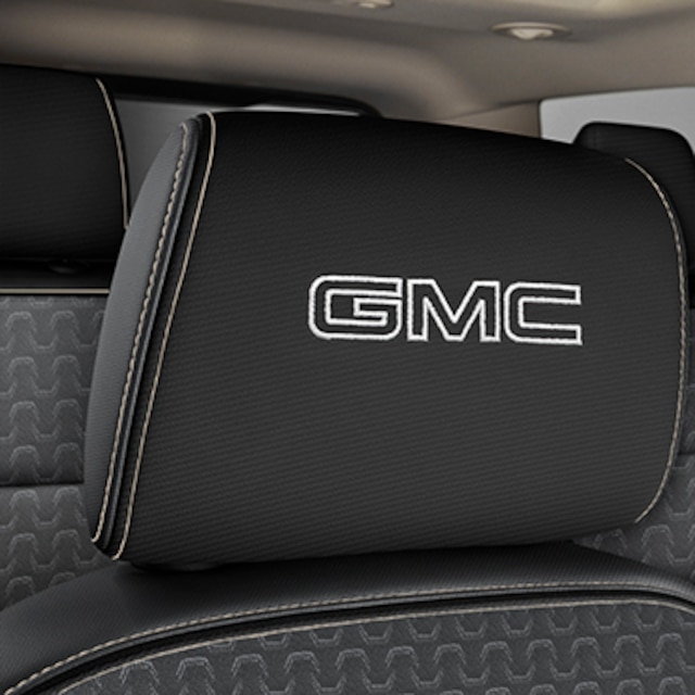 Vinyl Headrest in Jet Black with Embroidered GMC Script in Light Gray Stitching