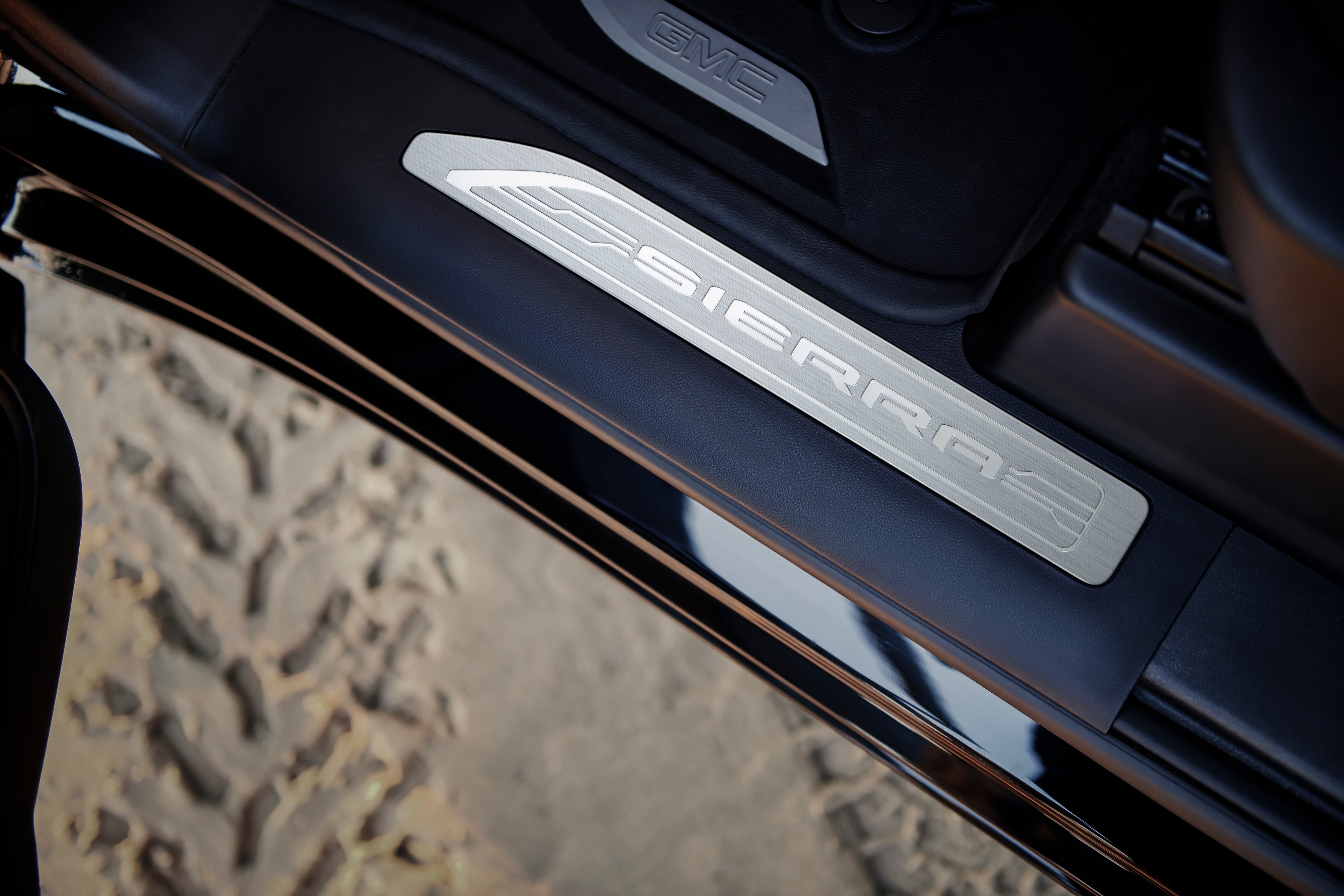 Front Door Sill Plates with Jet Black Surround and Sierra Script