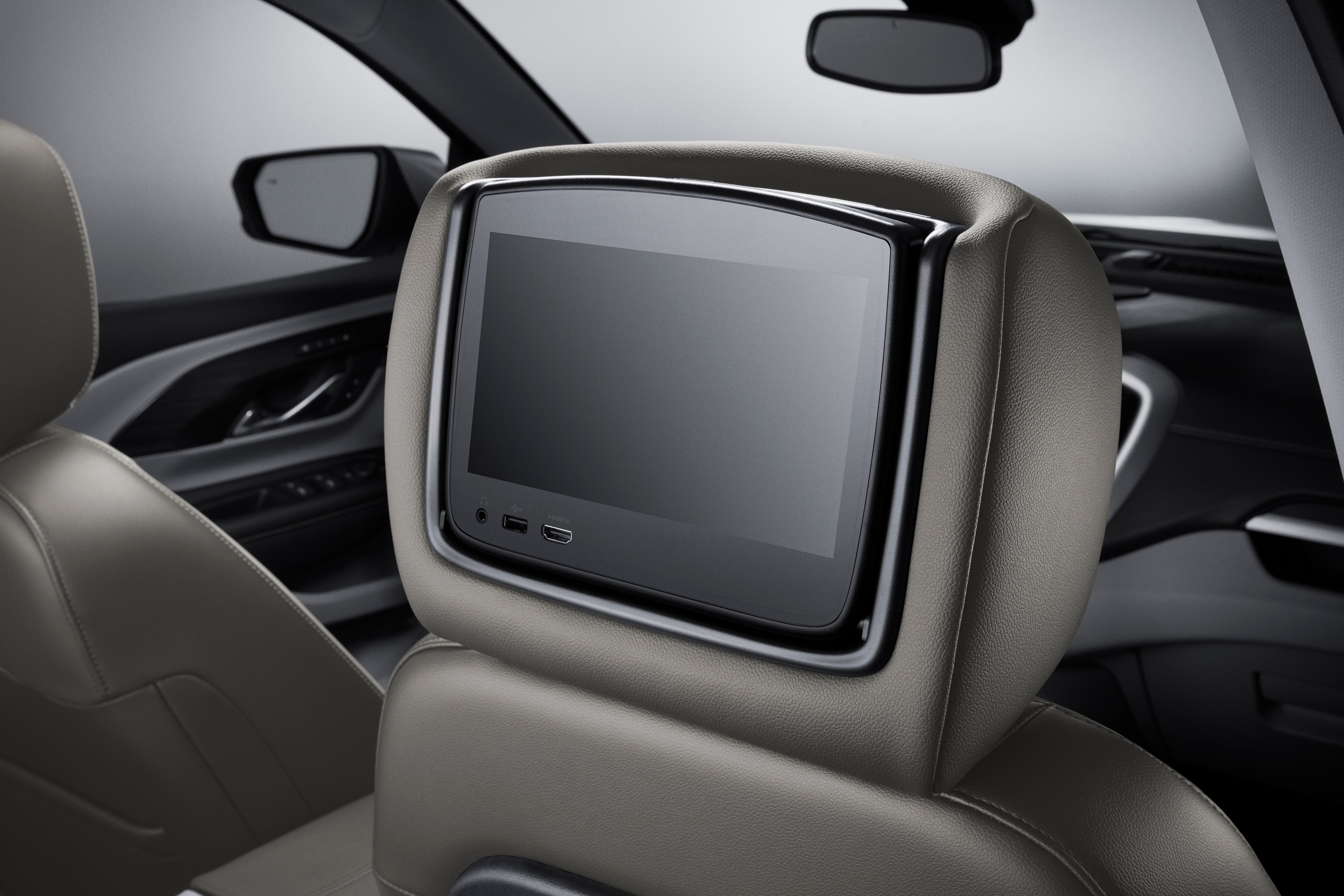 Rear-Seat Infotainment System in Jet Black Leather with Medium Ash Gray Accents and Medium Ash Gray Stitching