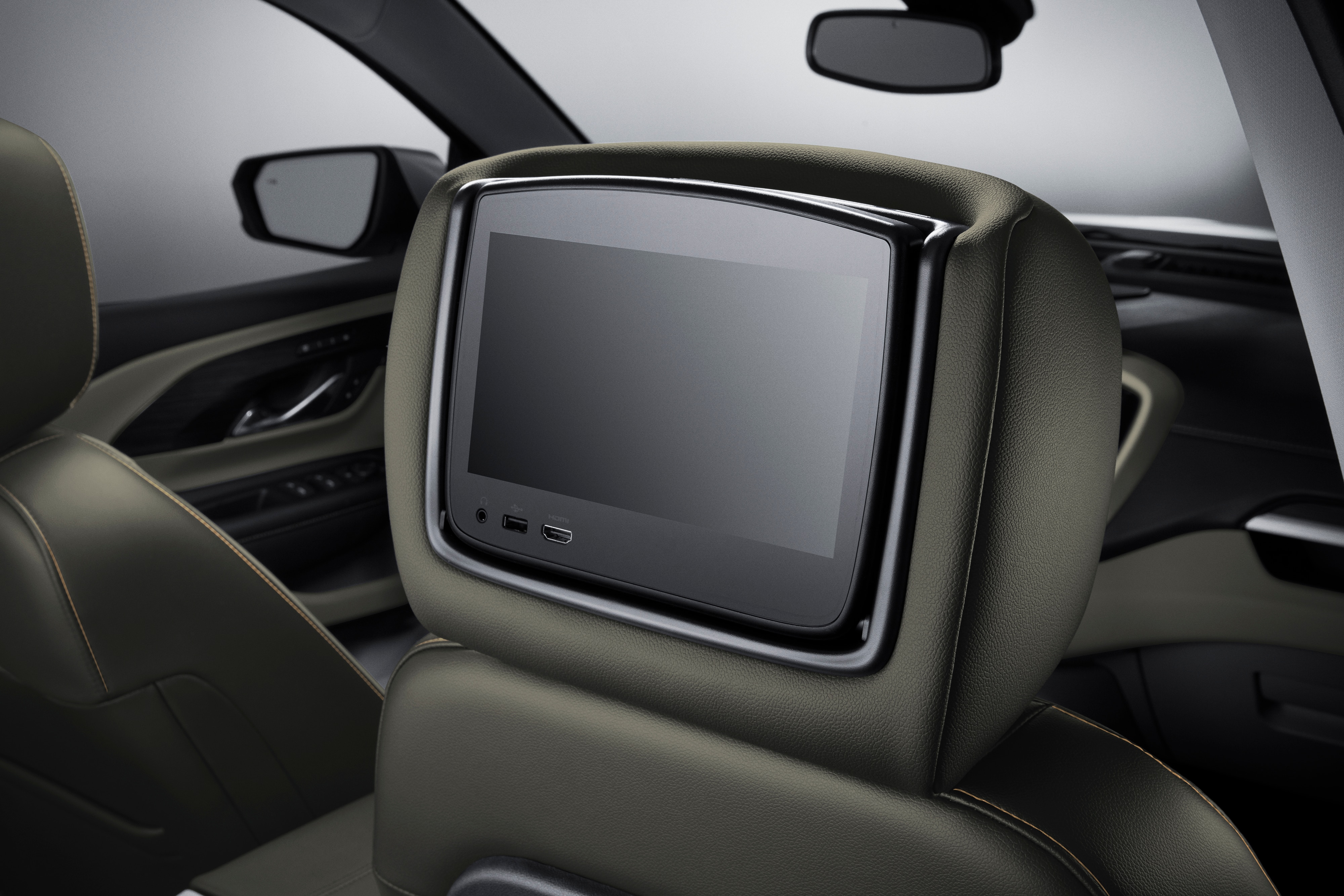Rear Seat Infotainment System in Jet Black Leather with Brandy Accents and Brandy Stitching