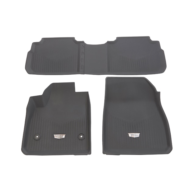 First- and Second-Row Premium All-Weather Floor Liners in Dark Titanium with Cadillac Logo