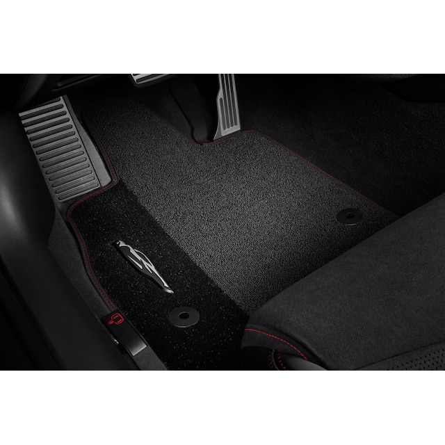 First-Row Premium Carpeted Floor Mats in Jet Black with Torch Red Stitching and Corvette Silhouette