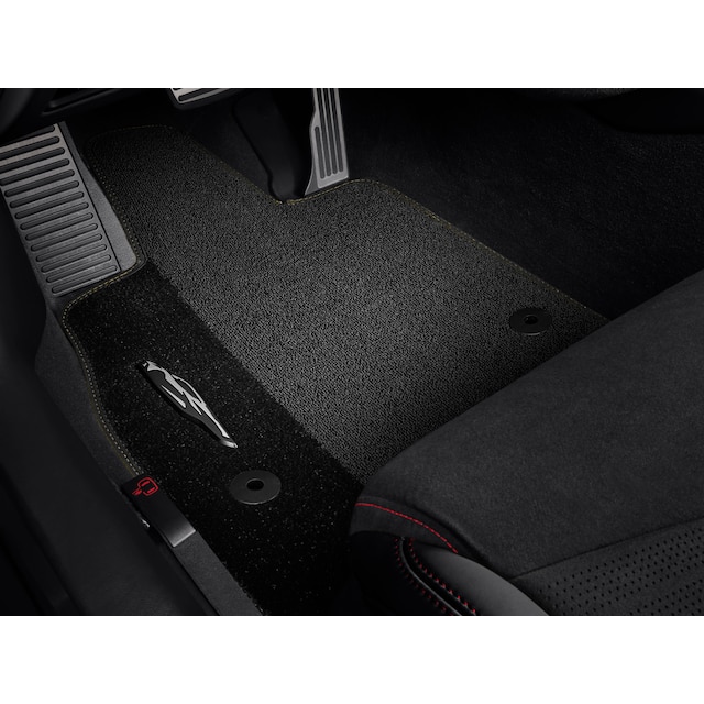 First-Row Premium Carpeted Floor Mats in Jet Black with Natural Tan Stitching and Corvette Silhouette