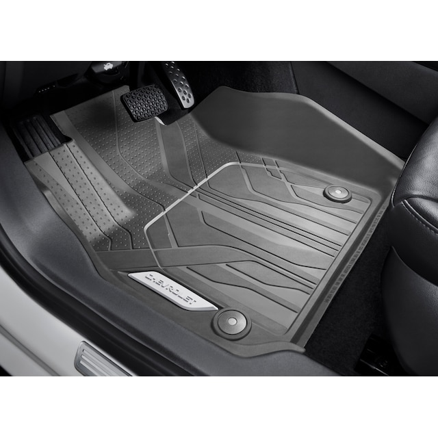 First-Row Premium All-Weather Floor Liners in Dark Atmosphere with Chevrolet Script