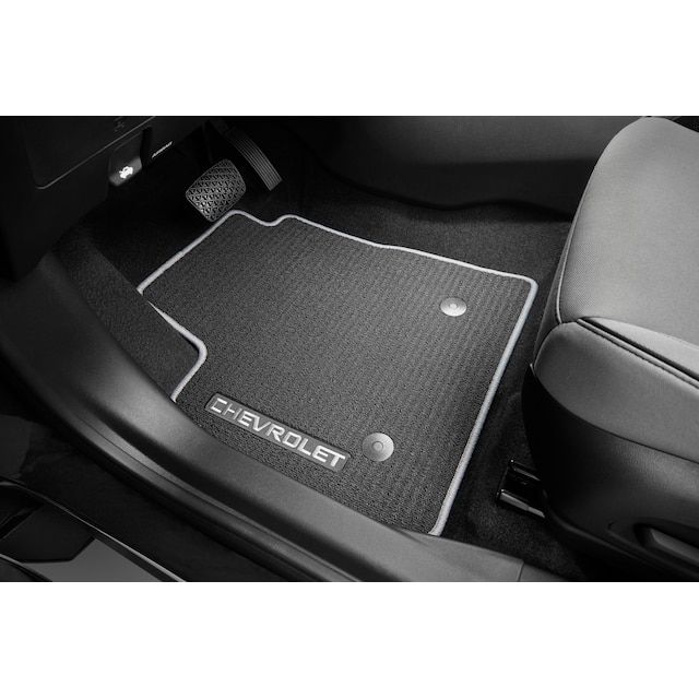 First- and Second-Row Premium Carpeted Floor Mats in Jet Black with Medium Ash Gray Binding and Chevrolet Script (for FWD Models)