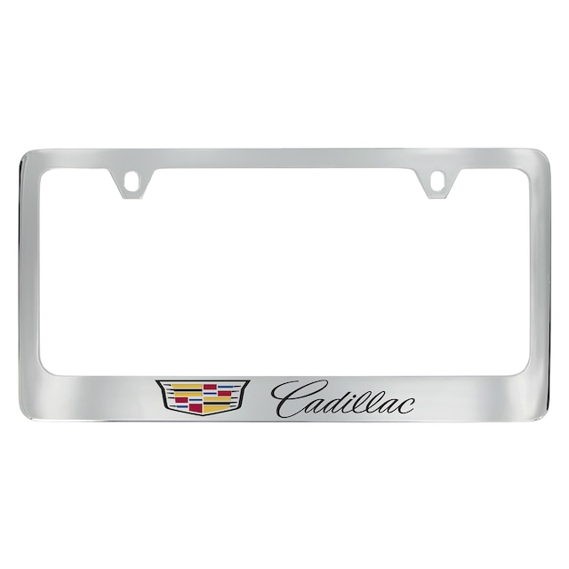 License Plate Frame by Baron & Baron® in Chrome with Multicolored Cadillac Logo and Black Cadillac Script - Associated Accessories
