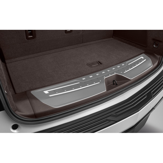 Illuminated Cargo Sill Plate in Very Dark Atmosphere with Escalade Script